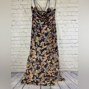 Urban Outfitters Wild Side Black Butterfly Floral Slip Mesh Midi Bodycon Dress M